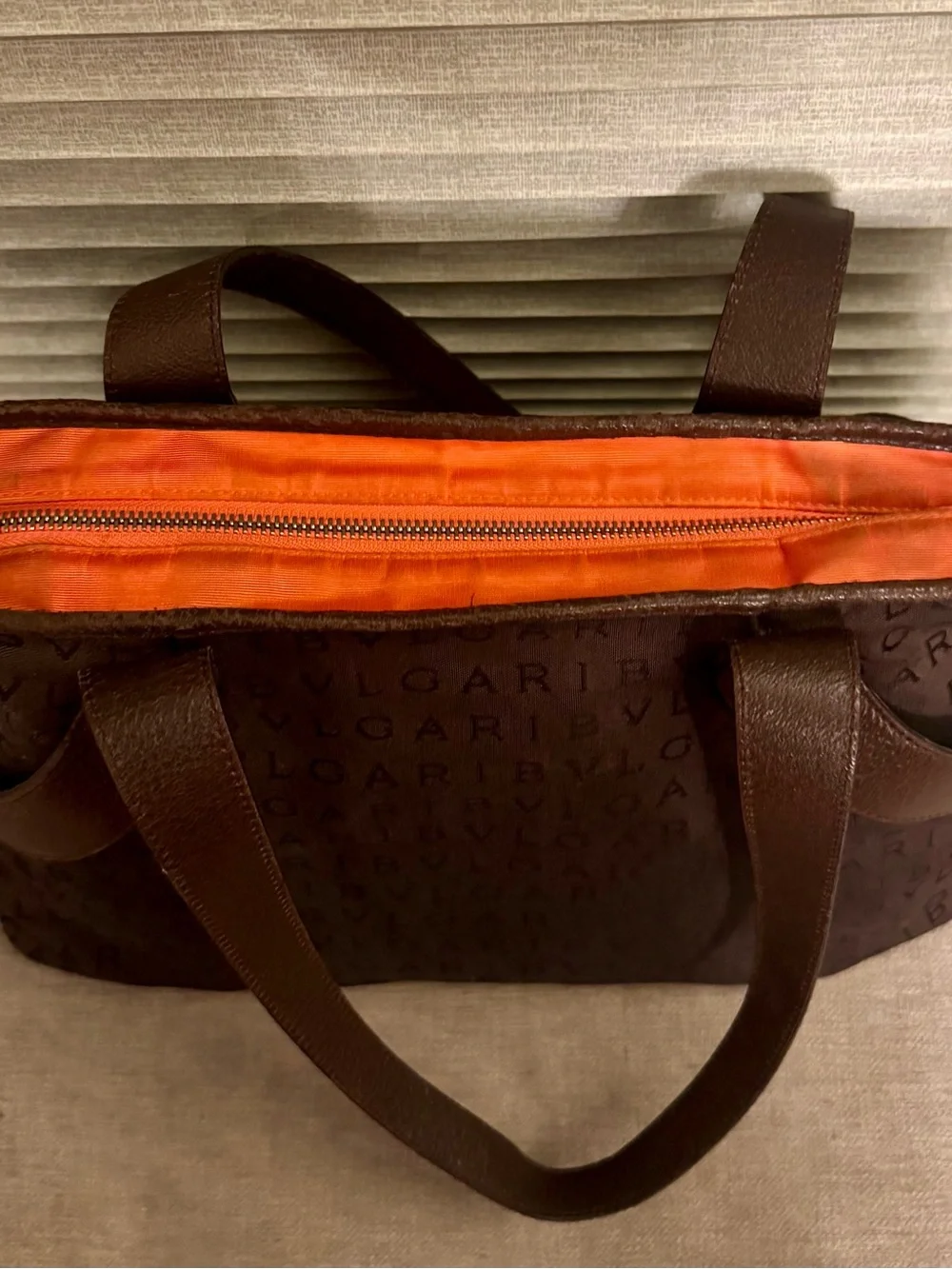 BVLGARI Brown Logo Monogram Tote with Leather Trim